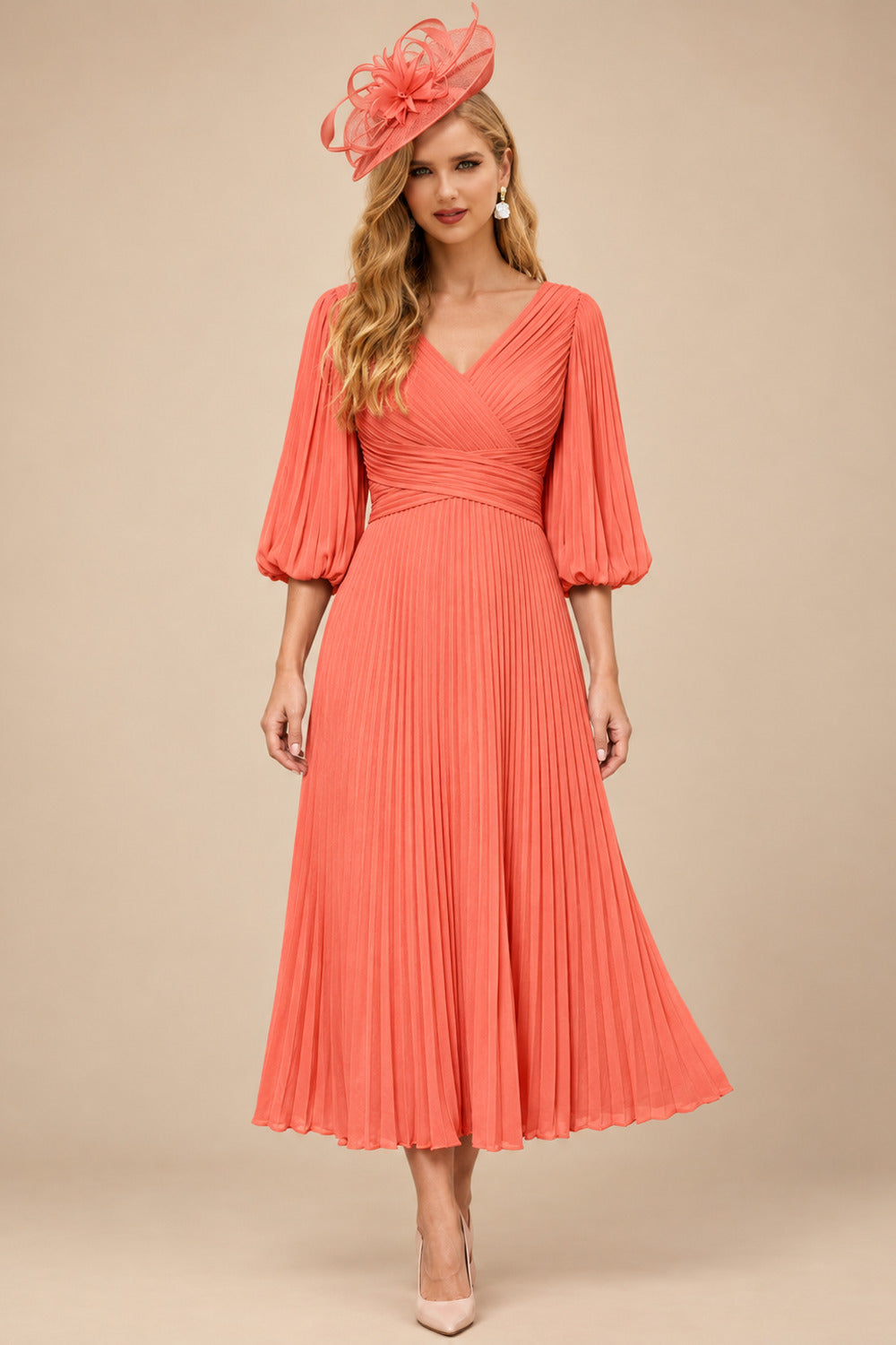 Rutipo Papaya A-Line V-Neck 3/4 Sleeves Tea-Length Chiffon Mother Of The Bride Dresses With Pleated