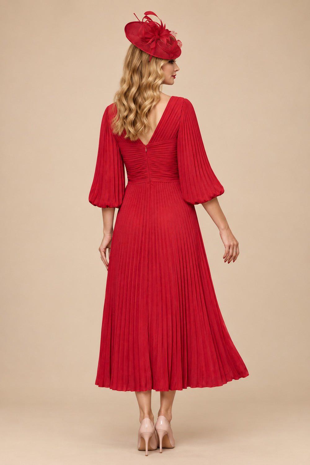 Rutipo Red A-Line V-Neck 3/4 Sleeves Tea-Length Chiffon Mother Of The Bride Dresses With Pleated