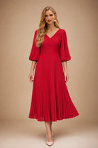 Rutipo Red A-Line V-Neck 3/4 Sleeves Tea-Length Chiffon Mother Of The Bride Dresses With Pleated