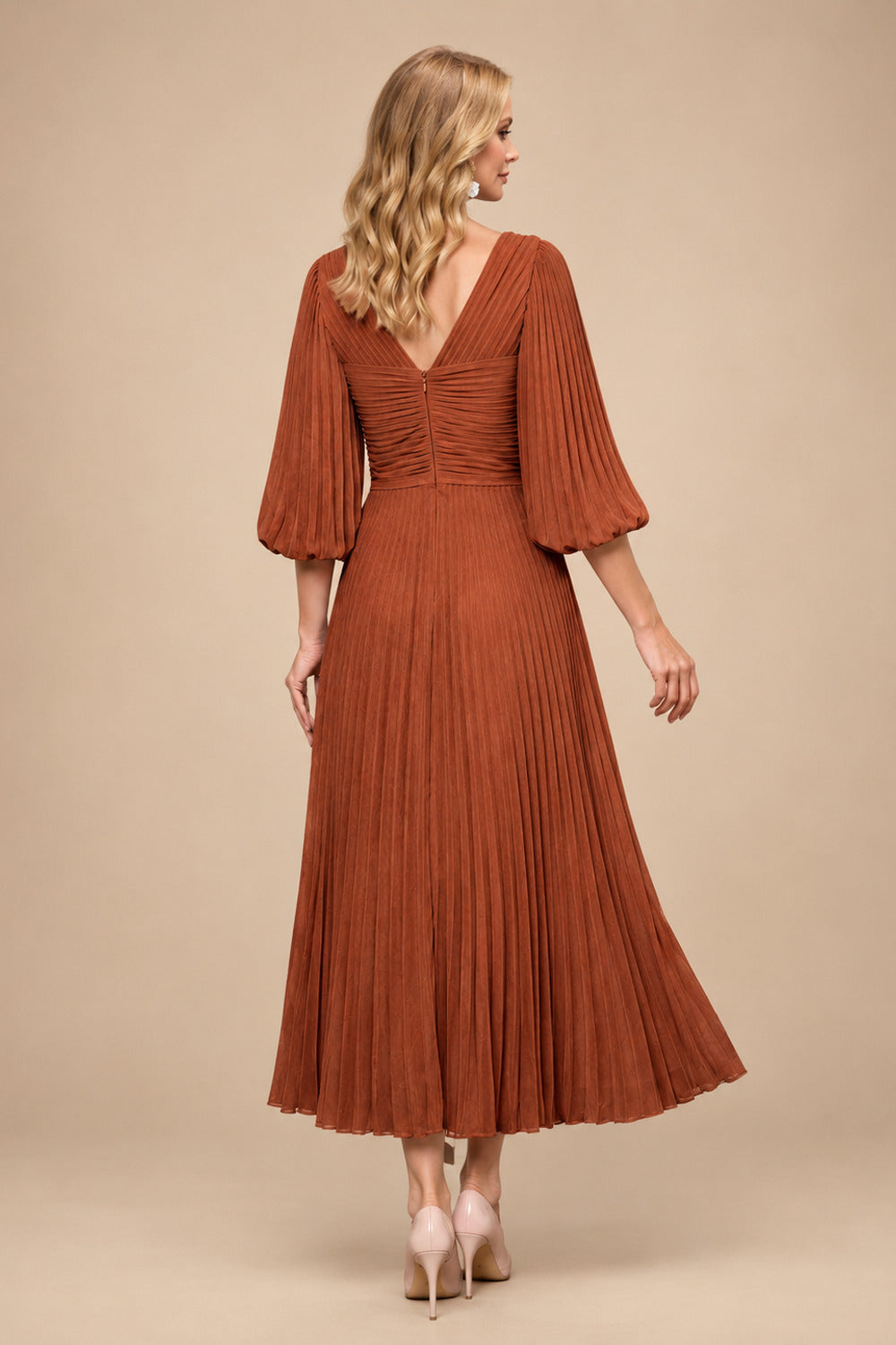 Rutipo Terracotta A-Line V-Neck 3/4 Sleeves Tea-Length Chiffon Mother Of The Bride Dresses With Pleated