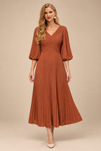 Rutipo Terracotta A-Line V-Neck 3/4 Sleeves Tea-Length Chiffon Mother Of The Bride Dresses With Pleated