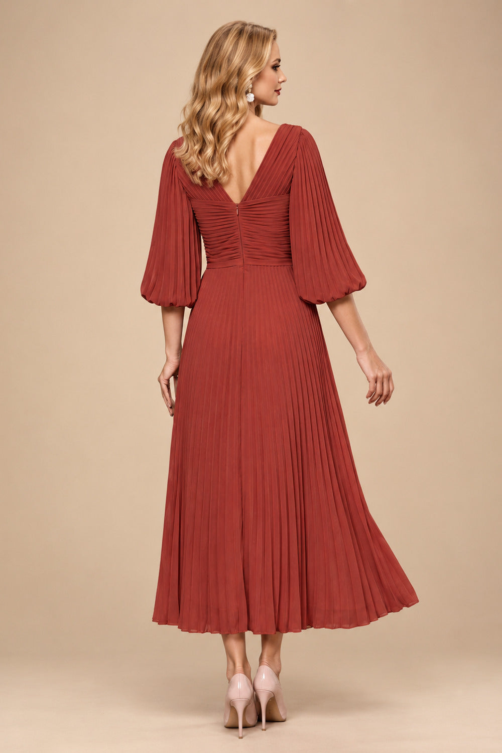Rutipo Vermilion A-Line V-Neck 3/4 Sleeves Tea-Length Chiffon Mother Of The Bride Dresses With Pleated