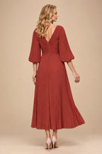 Rutipo Vermilion A-Line V-Neck 3/4 Sleeves Tea-Length Chiffon Mother Of The Bride Dresses With Pleated