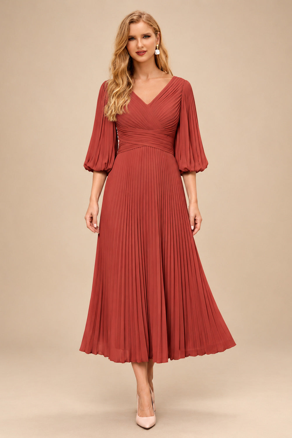 Rutipo Vermilion A-Line V-Neck 3/4 Sleeves Tea-Length Chiffon Mother Of The Bride Dresses With Pleated