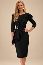 Rutipo Black Sheath Scoop Neck 3/4 Sleeves Knee-Length Mother Of The Bride Dresses With Ruffle