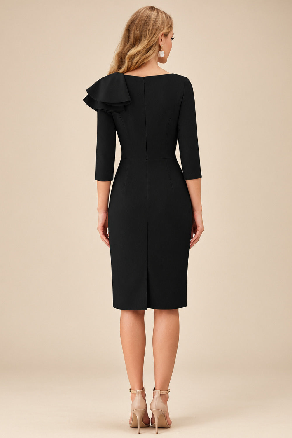 Rutipo Black Sheath Scoop Neck 3/4 Sleeves Knee-Length Mother Of The Bride Dresses With Ruffle