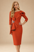 Rutipo Burnt Orange Sheath Scoop Neck 3/4 Sleeves Knee-Length Mother Of The Bride Dresses With Ruffle