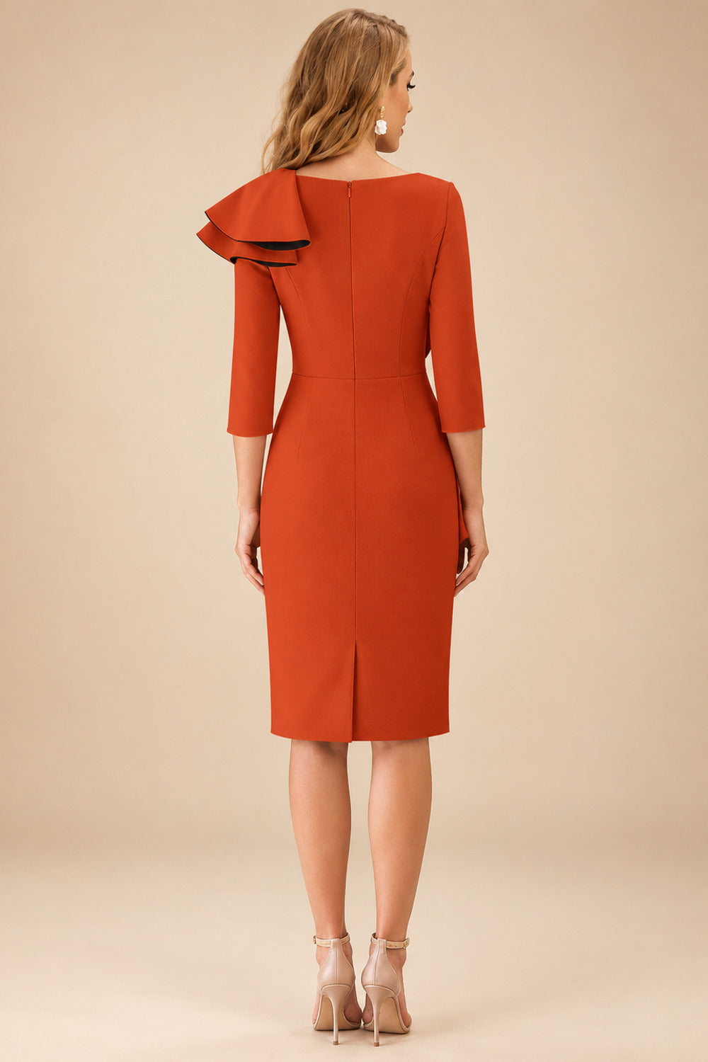 Rutipo Burnt Orange Sheath Scoop Neck 3/4 Sleeves Knee-Length Mother Of The Bride Dresses With Ruffle