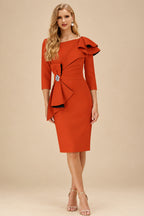 Rutipo Burnt Orange Sheath Scoop Neck 3/4 Sleeves Knee-Length Mother Of The Bride Dresses With Ruffle