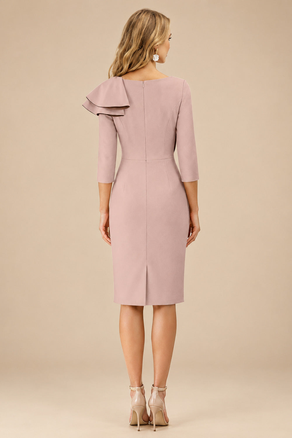 Rutipo Dusty Rose Sheath Scoop Neck 3/4 Sleeves Knee-Length Mother Of The Bride Dresses With Ruffle