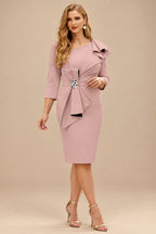 Rutipo Dusty Rose Sheath Scoop Neck 3/4 Sleeves Knee-Length Mother Of The Bride Dresses With Ruffle