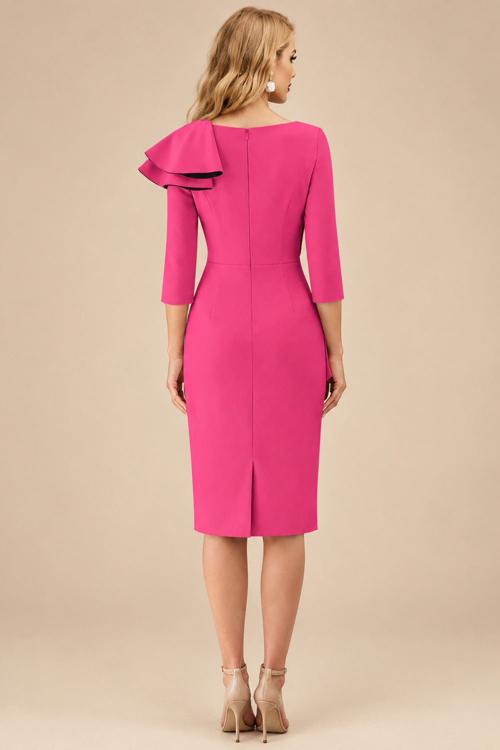 Rutipo Hot Pink Sheath Scoop Neck 3/4 Sleeves Knee-Length Mother Of The Bride Dresses With Ruffle