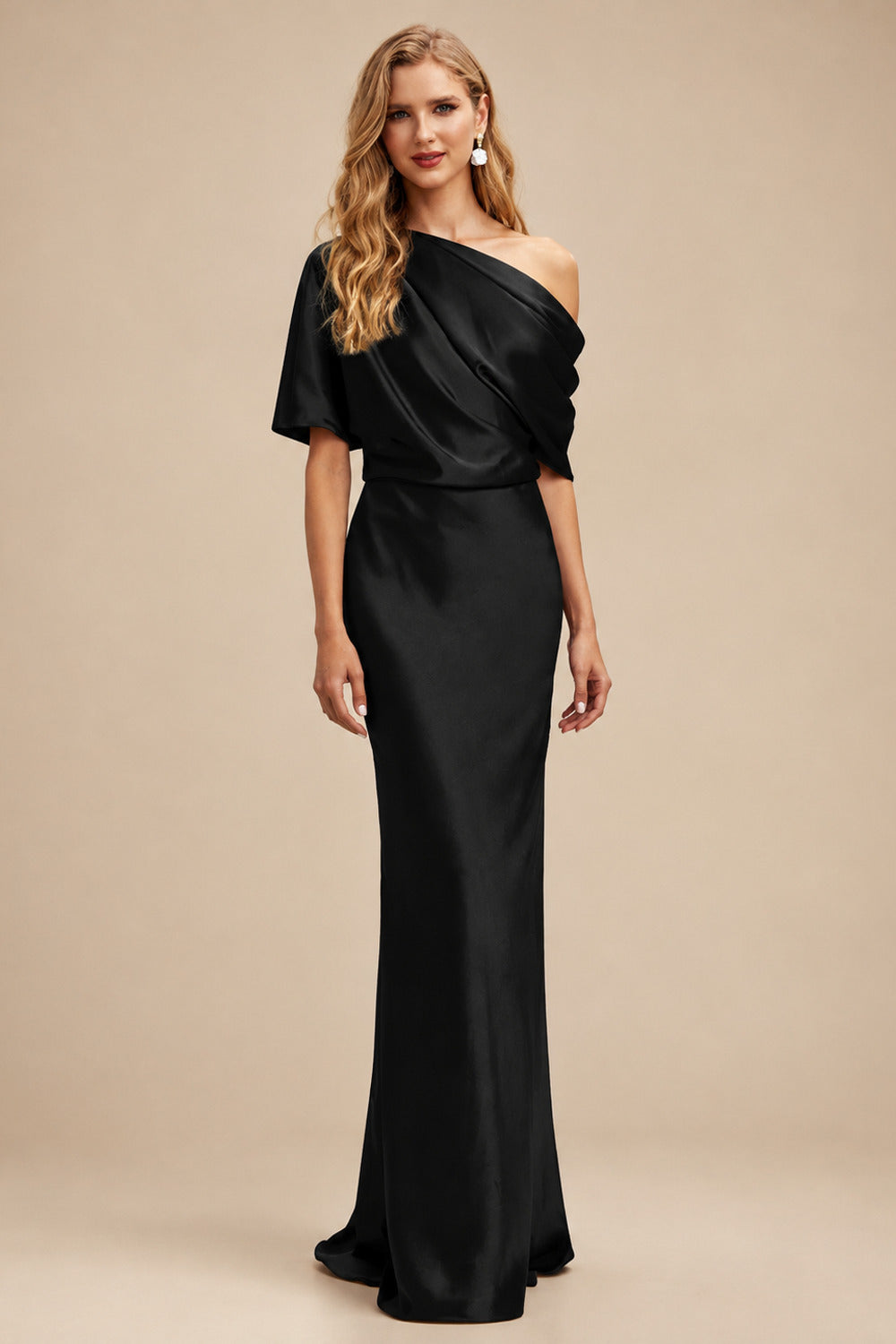 Rutipo Black Sheath/Column Asymmetrical Neck Short Sleeves Mother Of The Bride Dresses