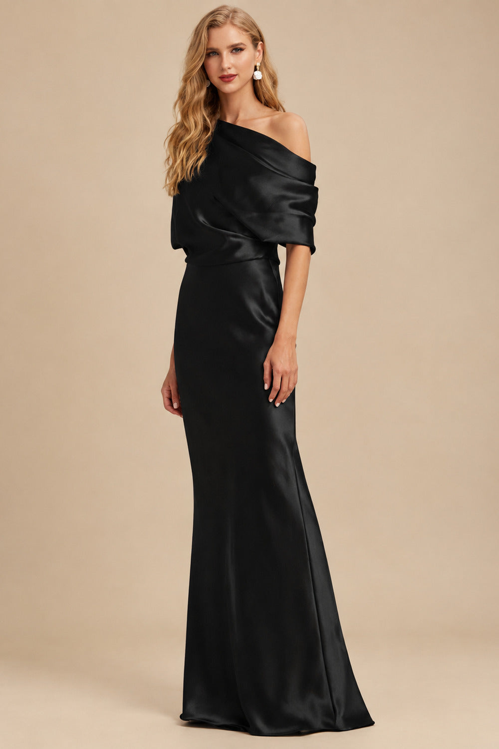 Rutipo Black Sheath/Column Asymmetrical Neck Short Sleeves Mother Of The Bride Dresses