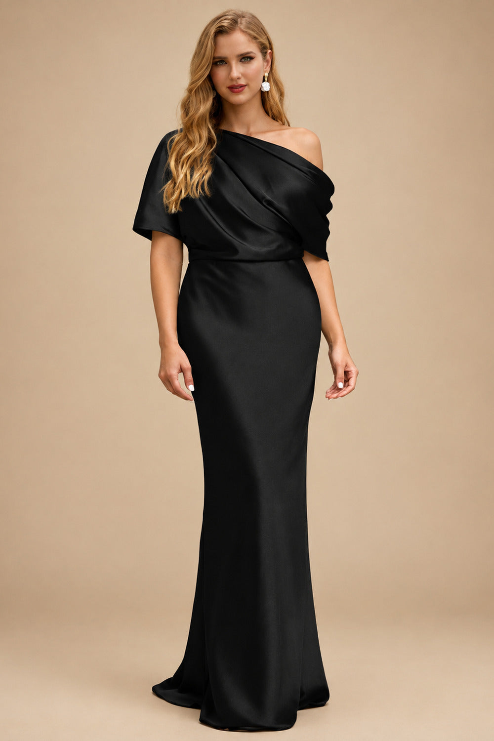 Rutipo Black Sheath/Column Asymmetrical Neck Short Sleeves Mother Of The Bride Dresses