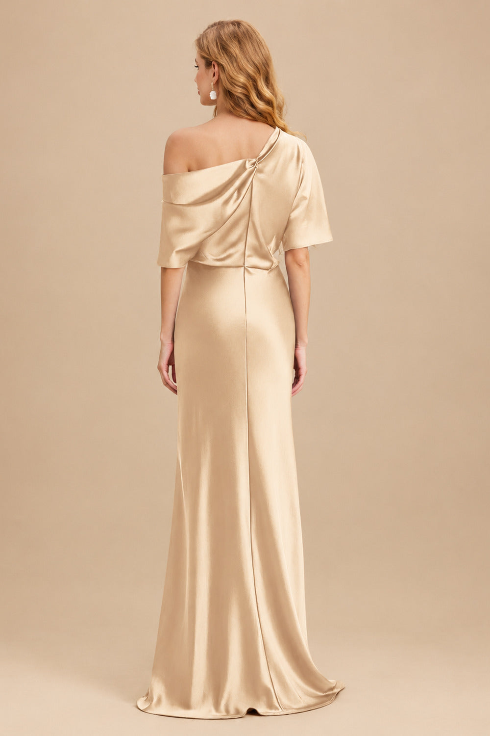 Rutipo Champagne Sheath/Column Asymmetrical Neck Short Sleeves Mother Of The Bride Dresses