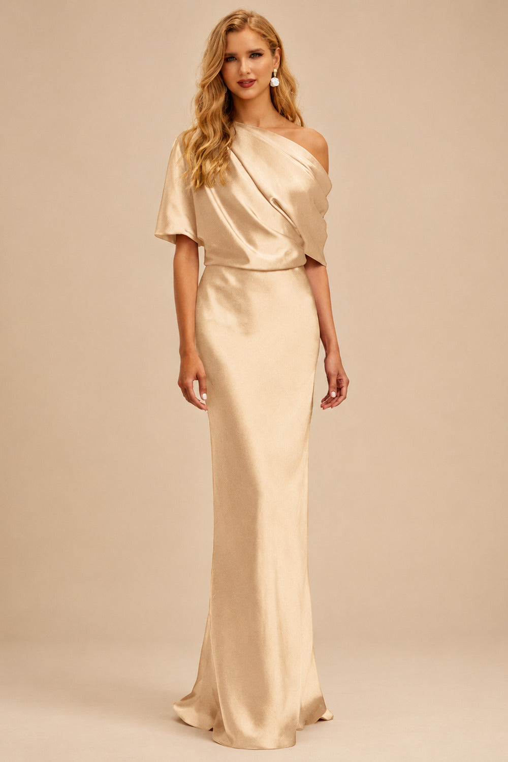 Rutipo Champagne Sheath/Column Asymmetrical Neck Short Sleeves Mother Of The Bride Dresses