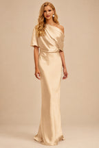 Rutipo Champagne Sheath/Column Asymmetrical Neck Short Sleeves Mother Of The Bride Dresses