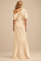 Rutipo Champagne Sheath/Column Asymmetrical Neck Short Sleeves Mother Of The Bride Dresses