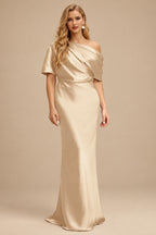 Rutipo Champagne Sheath/Column Asymmetrical Neck Short Sleeves Mother Of The Bride Dresses