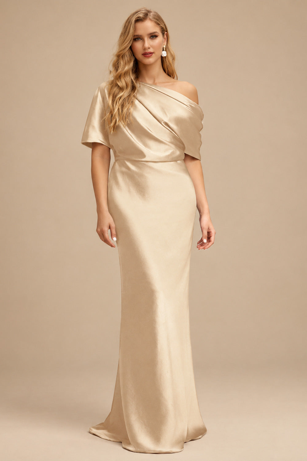 Rutipo Champagne Sheath/Column Asymmetrical Neck Short Sleeves Mother Of The Bride Dresses