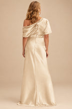 Rutipo Champagne Sheath/Column Asymmetrical Neck Short Sleeves Mother Of The Bride Dresses