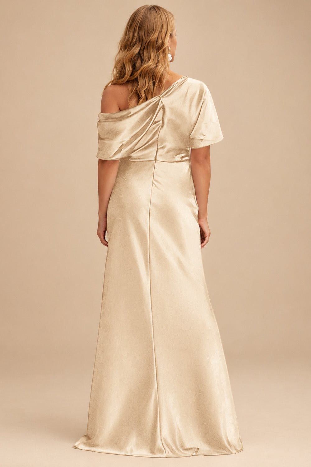Rutipo Champagne Sheath/Column Asymmetrical Neck Short Sleeves Mother Of The Bride Dresses