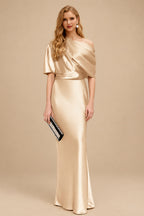 Rutipo Champagne Sheath/Column Asymmetrical Neck Short Sleeves Mother Of The Bride Dresses