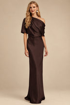Rutipo Chocolate Sheath/Column Asymmetrical Neck Short Sleeves Mother Of The Bride Dresses