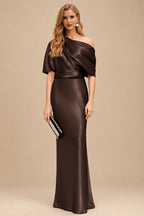 Rutipo Chocolate Sheath/Column Asymmetrical Neck Short Sleeves Mother Of The Bride Dresses