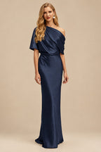 Rutipo Navy Blue Sheath/Column Asymmetrical Neck Short Sleeves Mother Of The Bride Dresses
