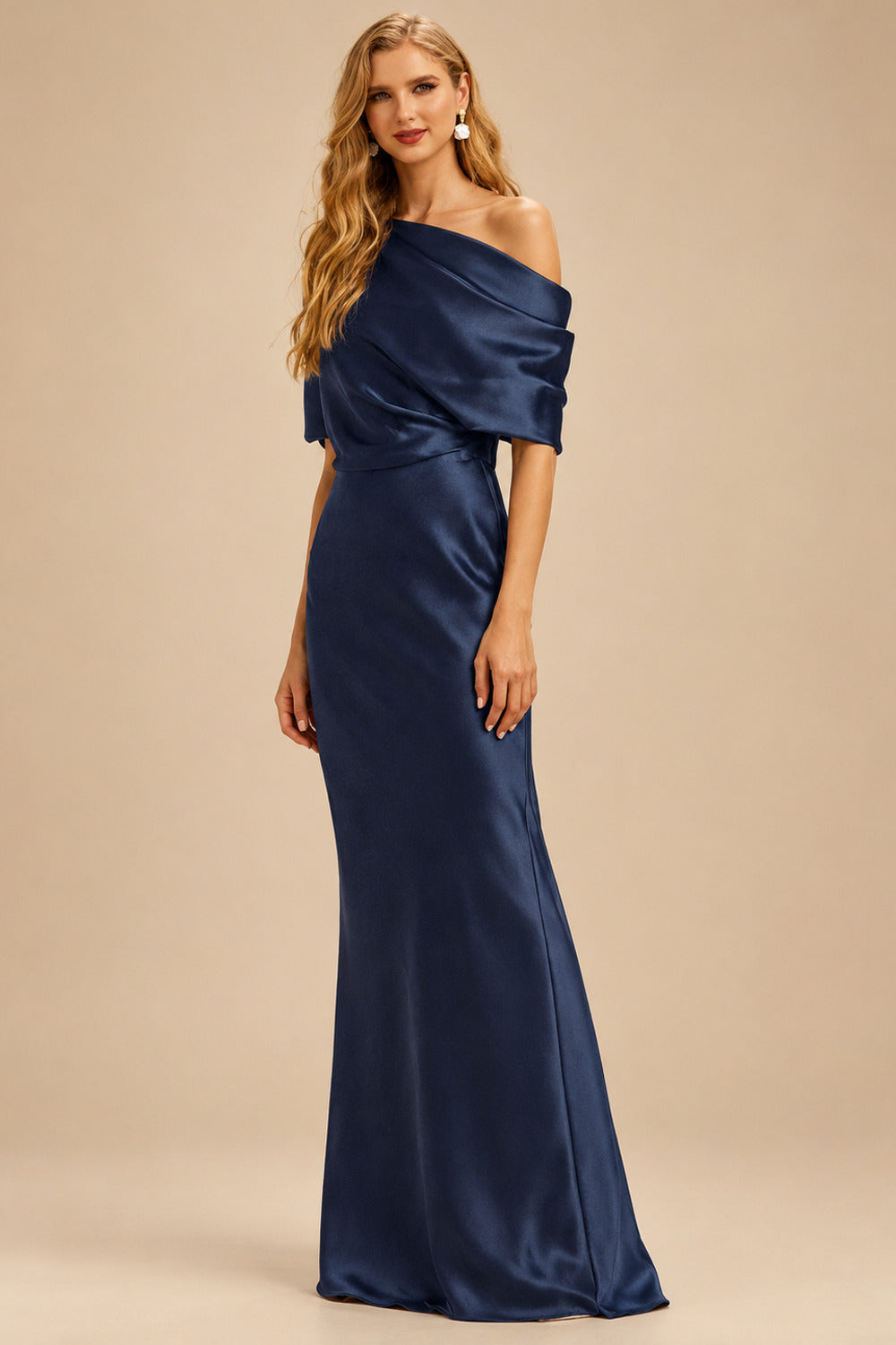 Rutipo Navy Blue Sheath/Column Asymmetrical Neck Short Sleeves Mother Of The Bride Dresses