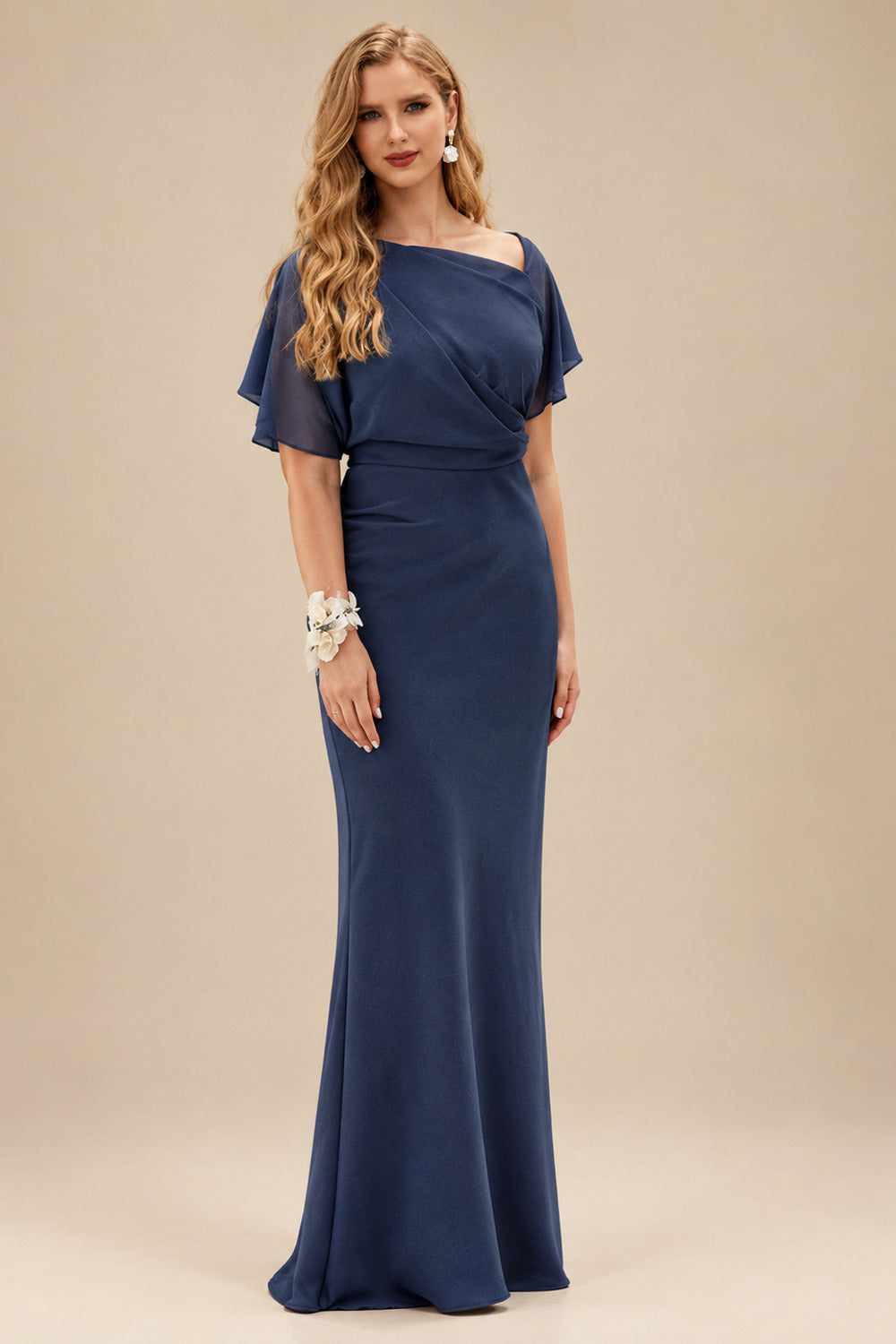 Rutipo Navy Blue Sheath/Column Asymmetrical Neck Short Sleeves Mother Of The Bride Dresses