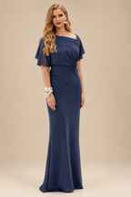 Rutipo Navy Blue Sheath/Column Asymmetrical Neck Short Sleeves Mother Of The Bride Dresses