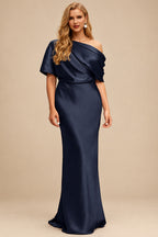 Rutipo Navy Blue Sheath/Column Asymmetrical Neck Short Sleeves Mother Of The Bride Dresses