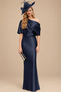 Rutipo Navy Blue Sheath/Column Asymmetrical Neck Short Sleeves Mother Of The Bride Dresses