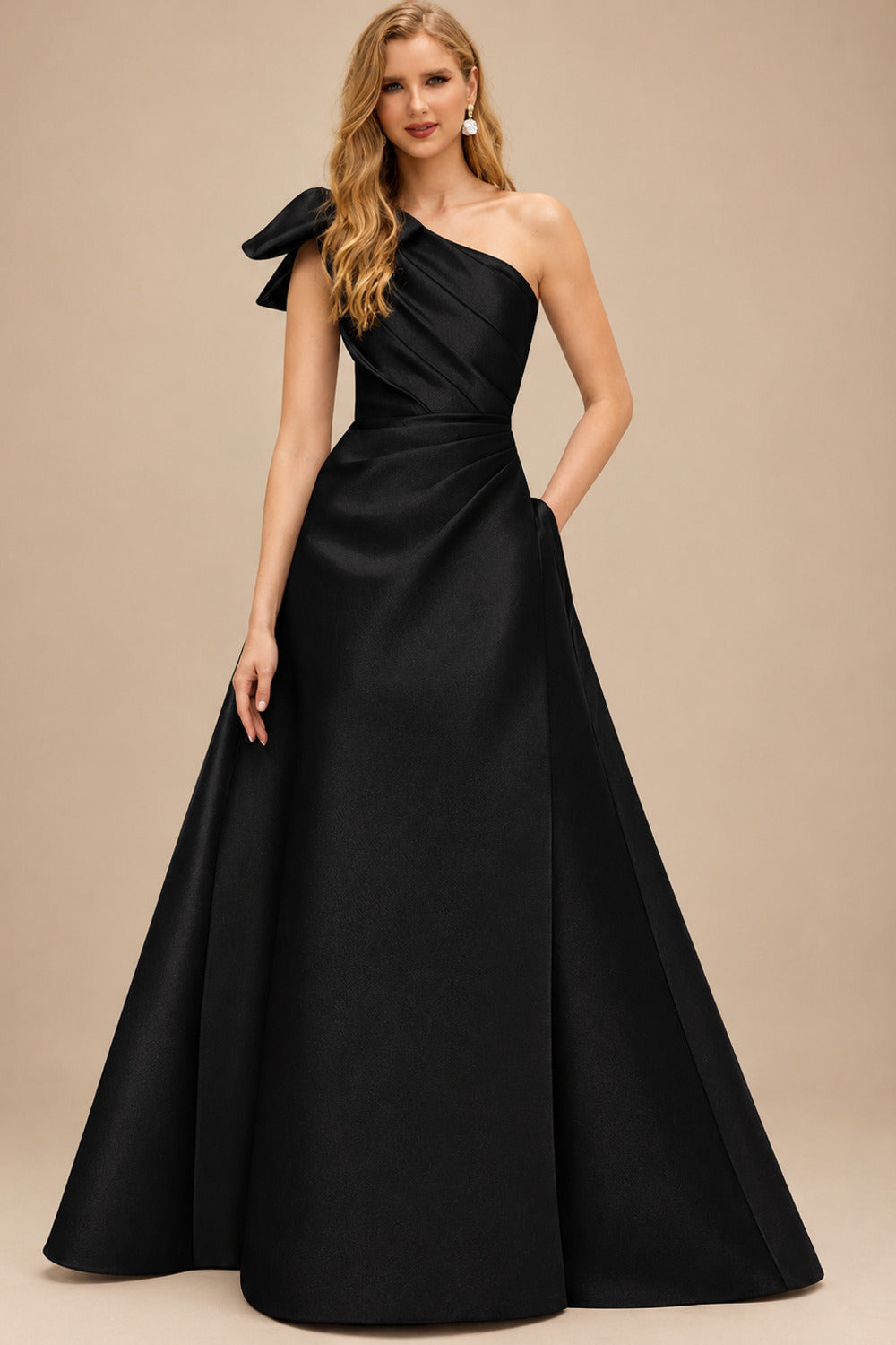 Rutipo Black A-Line One-Shoulder Satin Mother Of The Bride Dresses With Bow(s)/Pockets