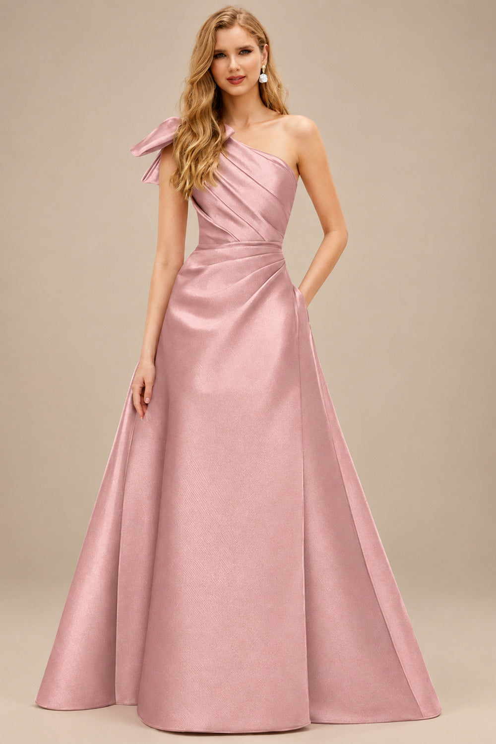 Rutipo Dusty Rose A-Line One-Shoulder Satin Mother Of The Bride Dresses With Bow(s)/Pockets