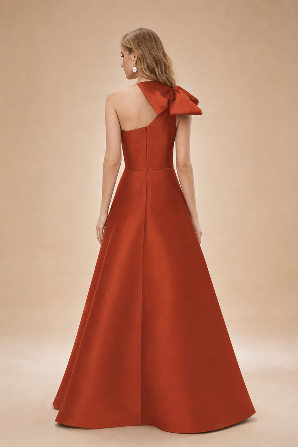 Rutipo Terracotta A-Line One-Shoulder Satin Mother Of The Bride Dresses With Bow(s)/Pockets