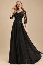 Rutipo Black Elegant V-Neck 3/4 Sleeves Floor-Length Chiffon Mother Of The Bride Dresses With Appliques Lace