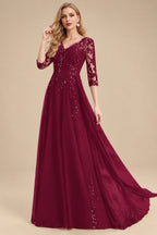 Rutipo Burgundy Elegant V-Neck 3/4 Sleeves Floor-Length Chiffon Mother Of The Bride Dresses With Appliques Lace