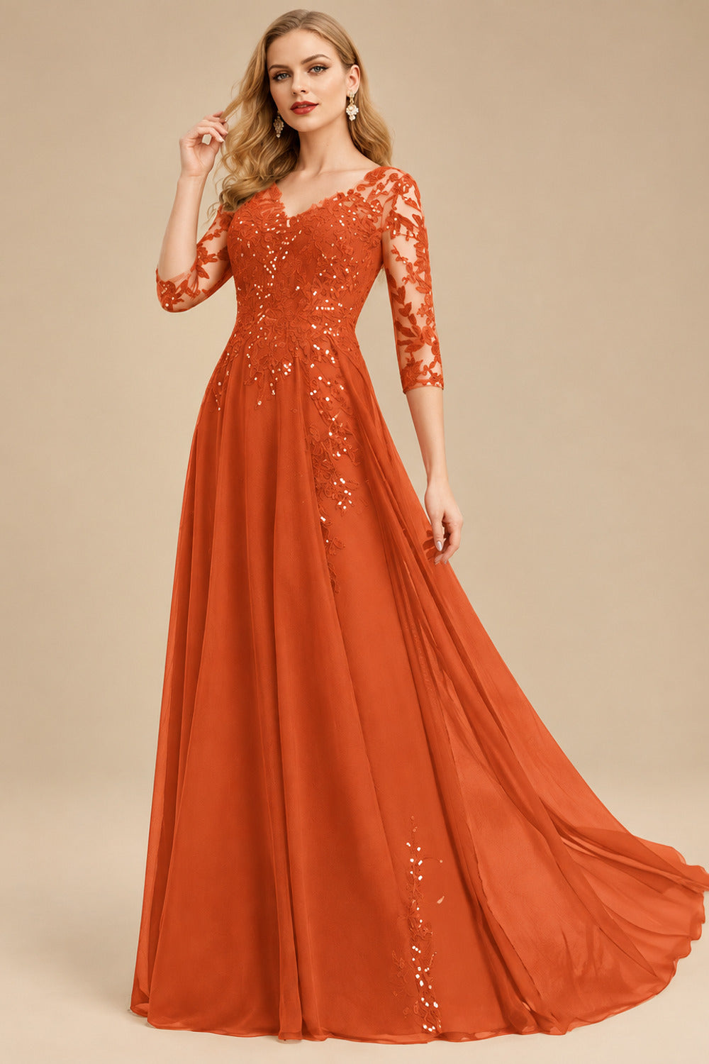 Rutipo Burnt Orange Elegant V-Neck 3/4 Sleeves Floor-Length Chiffon Mother Of The Bride Dresses With Appliques Lace
