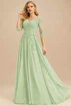 Rutipo Celadon Elegant V-Neck 3/4 Sleeves Floor-Length Chiffon Mother Of The Bride Dresses With Appliques Lace