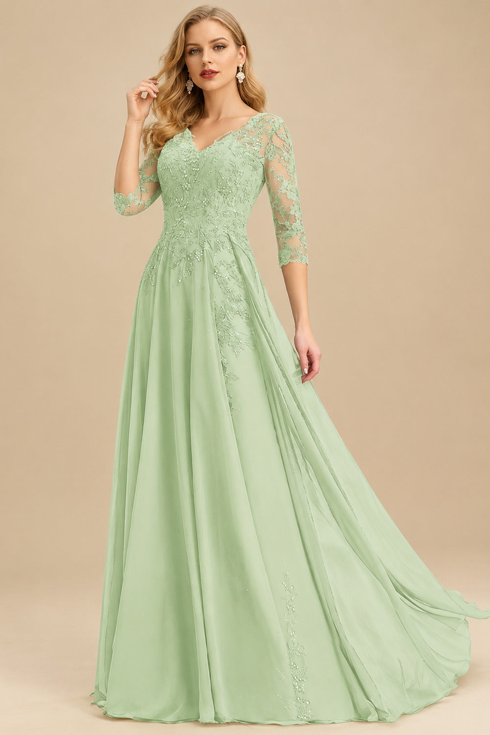 Rutipo Celadon Elegant V-Neck 3/4 Sleeves Floor-Length Chiffon Mother Of The Bride Dresses With Appliques Lace