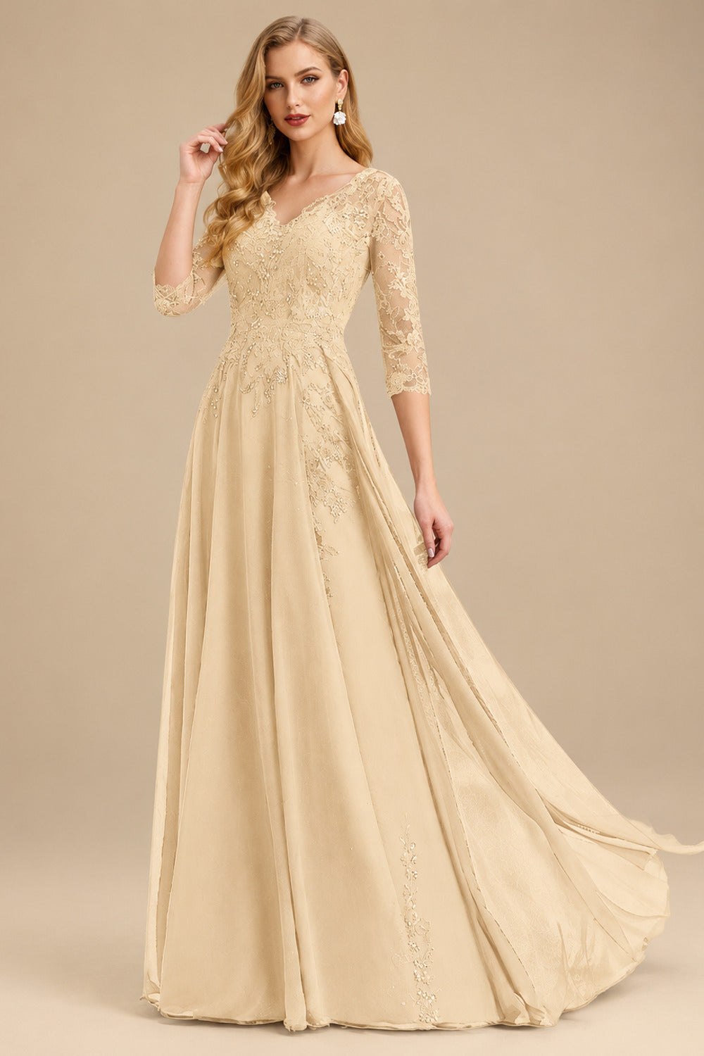 Rutipo Champagne Elegant V-Neck 3/4 Sleeves Floor-Length Chiffon Mother Of The Bride Dresses With Appliques Lace