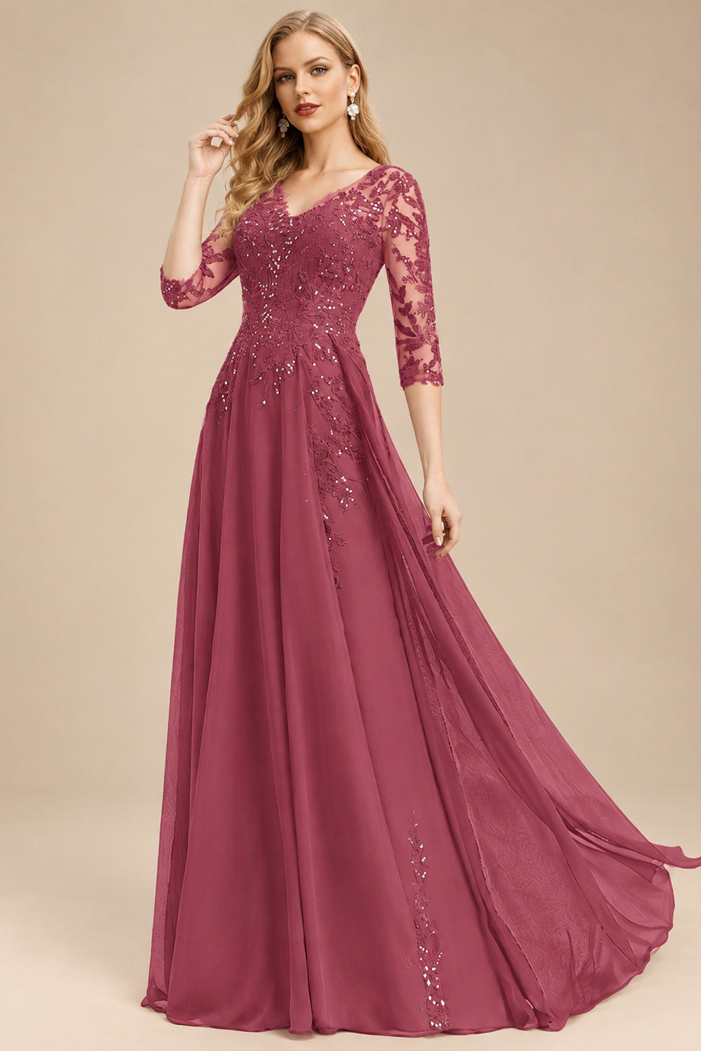 Rutipo Cinnamon Rose Elegant V-Neck 3/4 Sleeves Floor-Length Chiffon Mother Of The Bride Dresses With Appliques Lace
