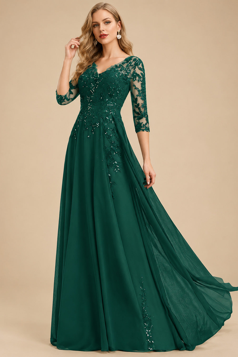 Rutipo Dark Green Elegant V-Neck 3/4 Sleeves Floor-Length Chiffon Mother Of The Bride Dresses With Appliques Lace