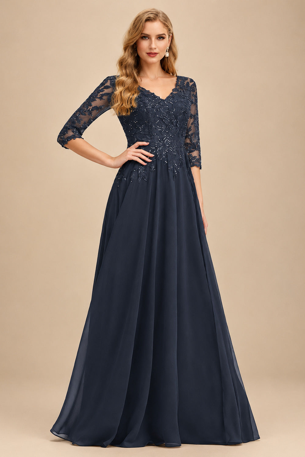 Rutipo Dark Navy Elegant V-Neck 3/4 Sleeves Floor-Length Chiffon Mother Of The Bride Dresses With Appliques Lace