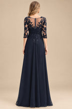 Rutipo Dark Navy Elegant V-Neck 3/4 Sleeves Floor-Length Chiffon Mother Of The Bride Dresses With Appliques Lace