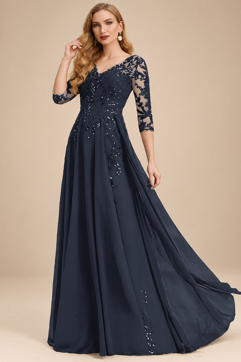 Rutipo Dark Navy Elegant V-Neck 3/4 Sleeves Floor-Length Chiffon Mother Of The Bride Dresses With Appliques Lace